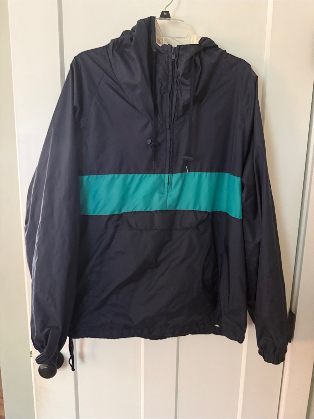 Women/Men's Navy Windbreaker Jacket with Teal Stripe